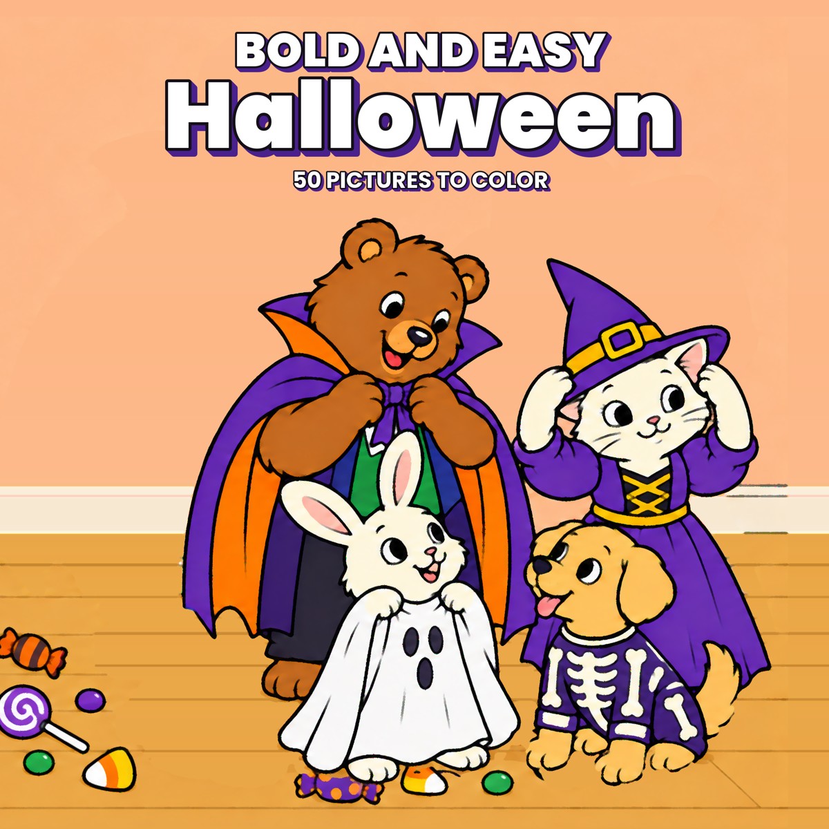 Bold and Easy Halloween book cover: a bear, a cat, a bunny and a puppy in Halloween costumes