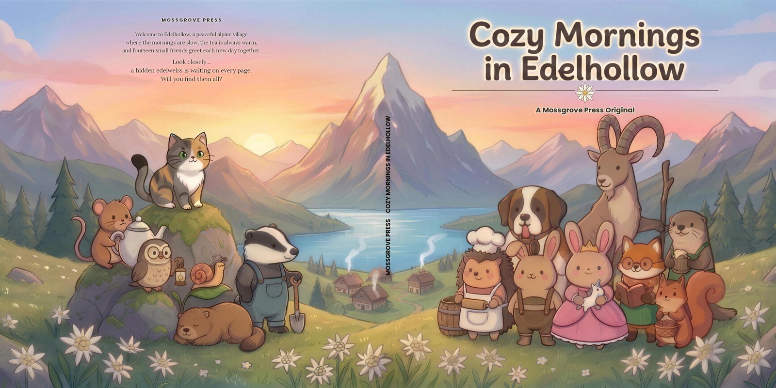 Cozy Mornings in Edelhollow — full wraparound cover with the whole cast