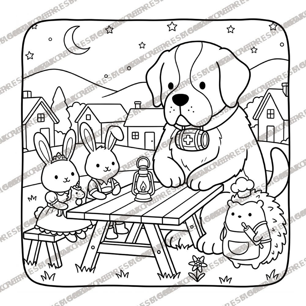 Preview of a free Edelhollow coloring page — a nighttime picnic-table scene