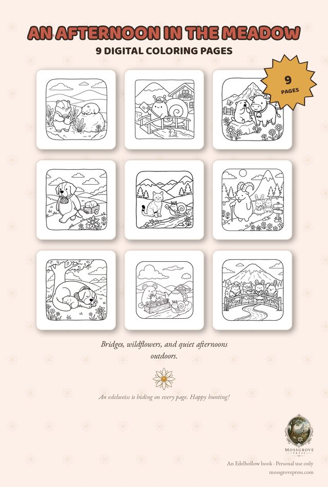 An Afternoon in the Meadow — 9 digital coloring pages