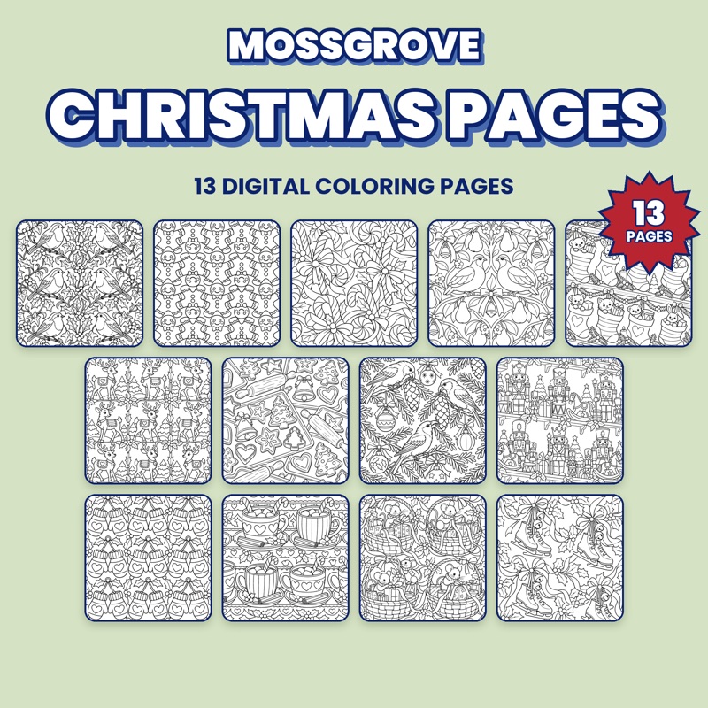 Mossgrove Christmas Pages, printable colouring pages on Etsy