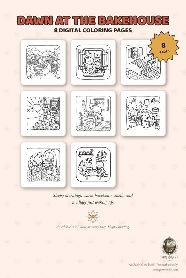 Dawn at the Bakehouse — 8 digital coloring pages
