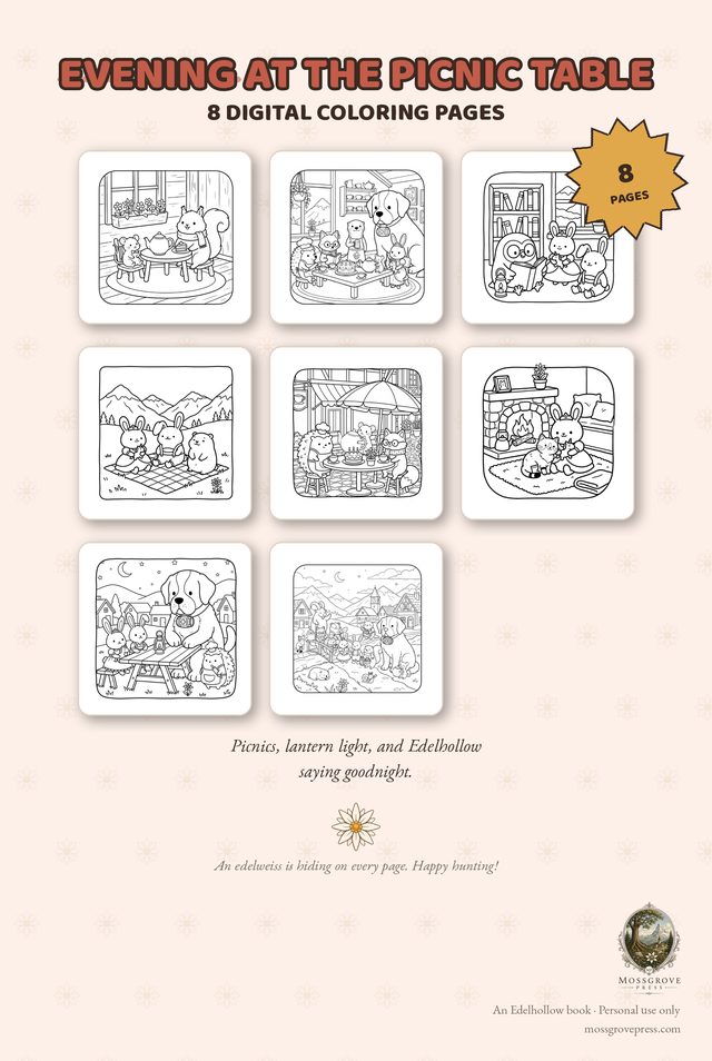 Evening at the Picnic Table — 8 digital coloring pages