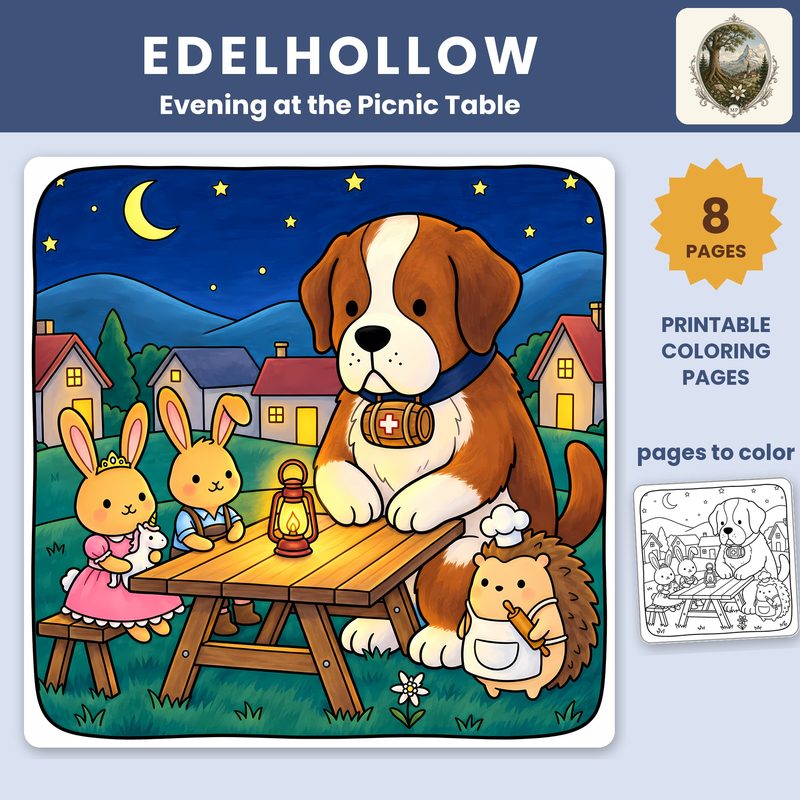 Evening at the Picnic Table, printable Edelhollow coloring pages on Etsy