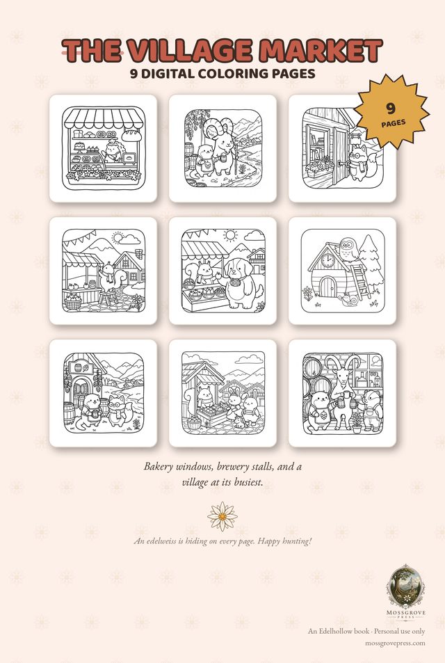 The Village Market — 9 digital coloring pages