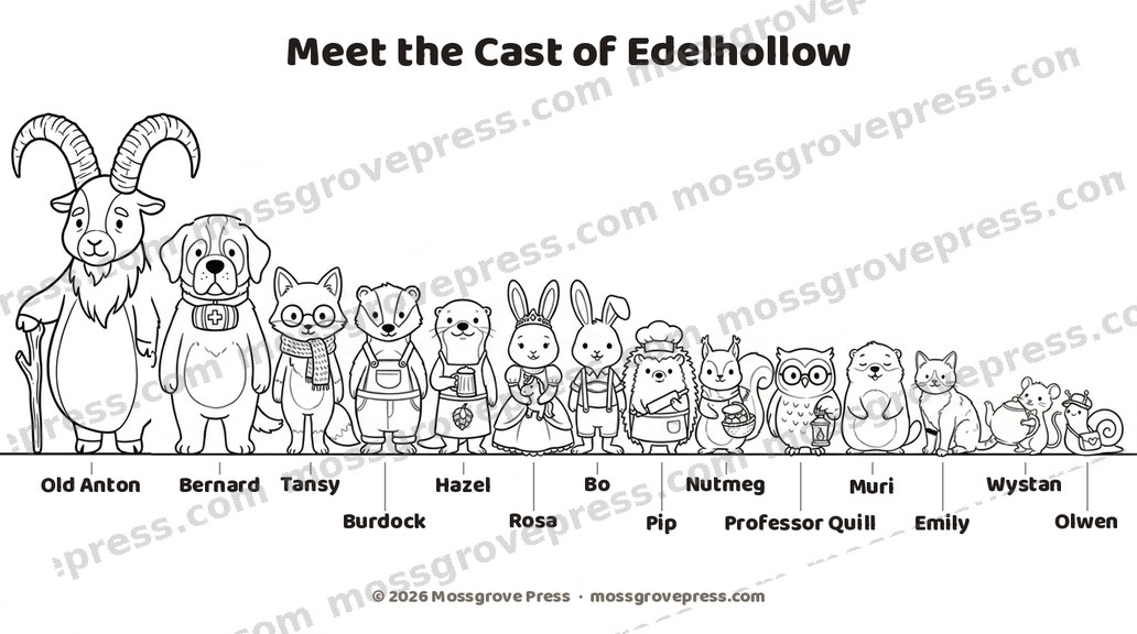 Meet the Cast of Edelhollow, colouring page