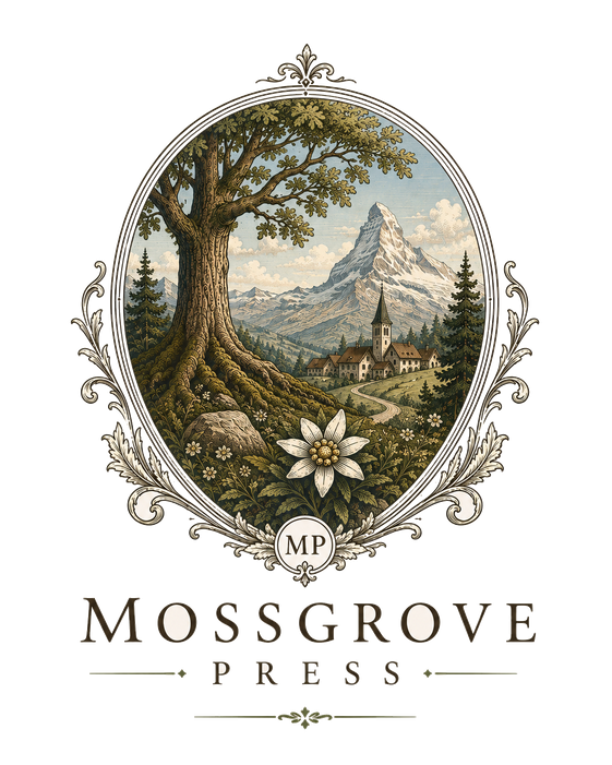 Mossgrove Press crest — an oak tree before an alpine valley