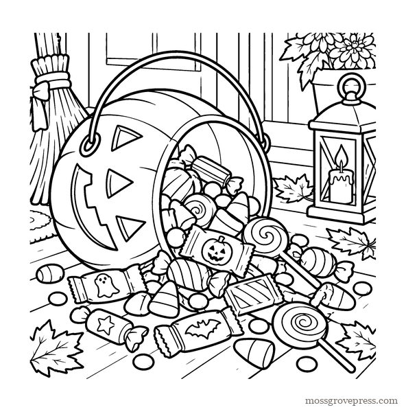 Inside Bold and Easy Halloween: a big jack-o'-lantern bucket with candy spilling out, bold line art