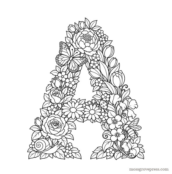 Inside Garden Alphabet: the letter A made of flowers, fine line art