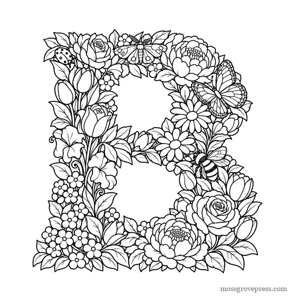 Garden Alphabet, inside page, line art