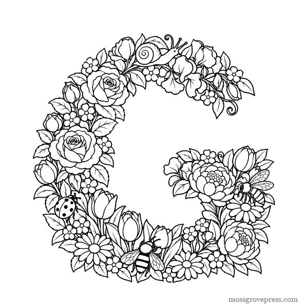 Garden Alphabet, inside page, line art