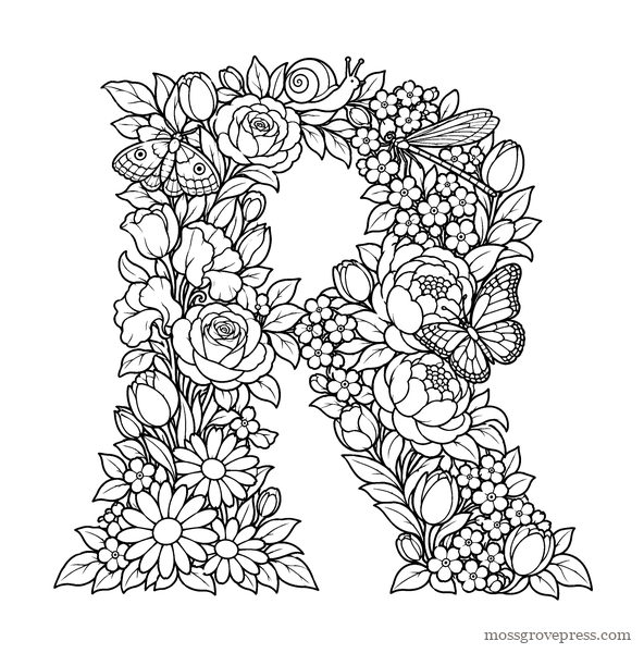 Garden Alphabet, inside page, line art