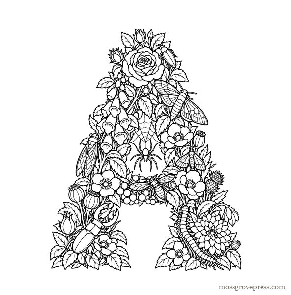 Inside Gothic Alphabet: the letter A made of flowers and insects, fine line art