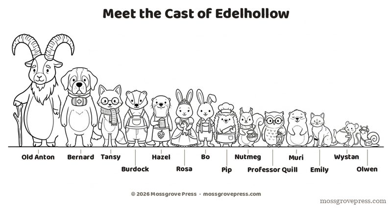 Meet the Cast of Edelhollow, colouring page