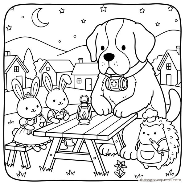 Evening at the picnic table, colouring page