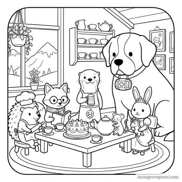 Inside Cozy Mornings in Edelhollow: the village friends at a tea party, line art