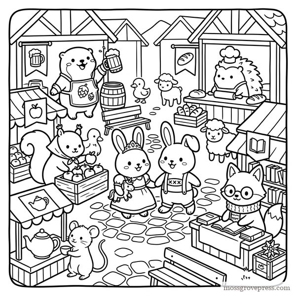 Inside Market Day in Edelhollow: the busy market square, line art