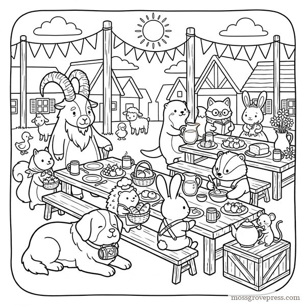 Market Day in Edelhollow, inside page, line art