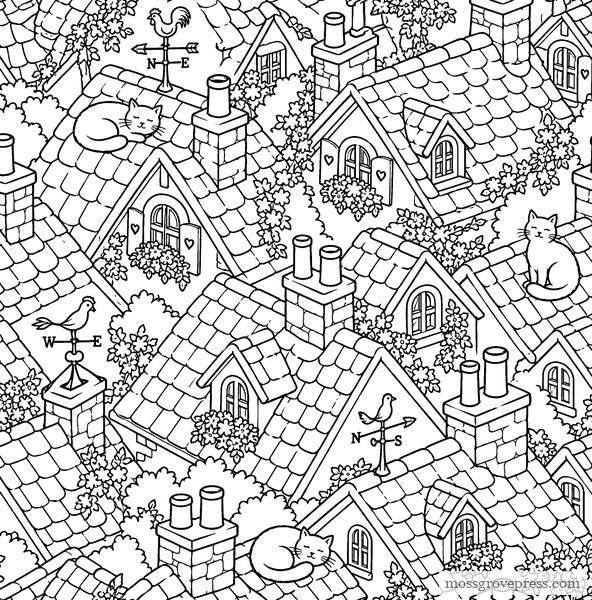 Inside Cozy Cottagecore: cottage rooftops with cats, line art pattern